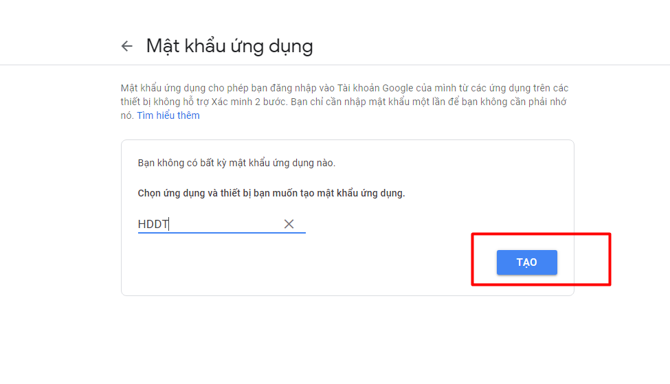Tạo mật khẩu ứng dụng cho tài khoản Email của Google
