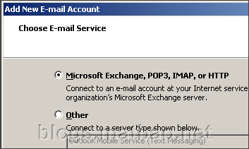 Nhấp vào lựa chọn Microsoft Exchange, POP3, IMAP, or HTTP và nhấn nút Next