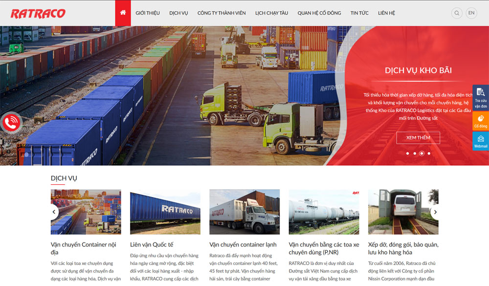 Giao diện web công ty cổ phần vận tải và thương mại đường sắt ratraco tại adc việt nam