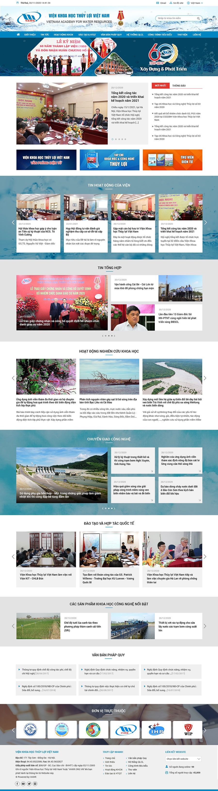 Giao diện website Viện Nghiên cứu Khoa học Thủy lợi Việt Nam