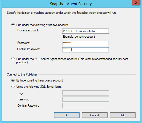 Ở bước Agent Security, ta nhấp chọn Security Settings… và nhập tài khoản Windows sẽ dùng để chạy Snapshot agent