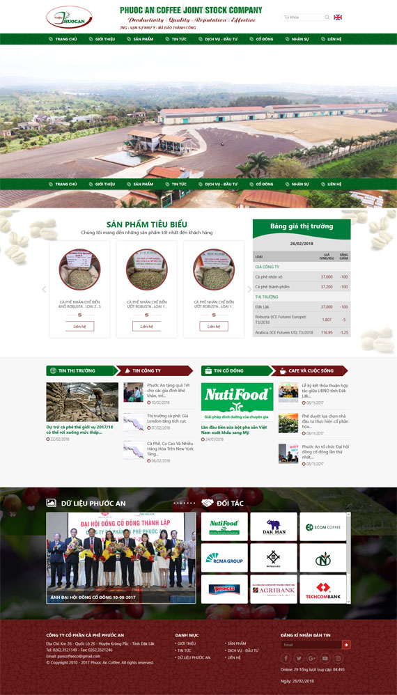 Giao diện website công ty cổ phần Cà Phê Phước An thiết kế tại ADC