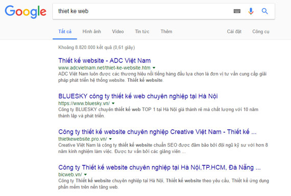 Tìm kiếm Top 10 “Công ty thiết kế website uy tín” theo Google.com.vn